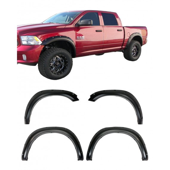 Fender Flares for 2009-17 Dodge Ram 1500 (Fleetside Models Only) Not for R/T Models - Pocket Riveted Style in Paintable Smooth Matte Black