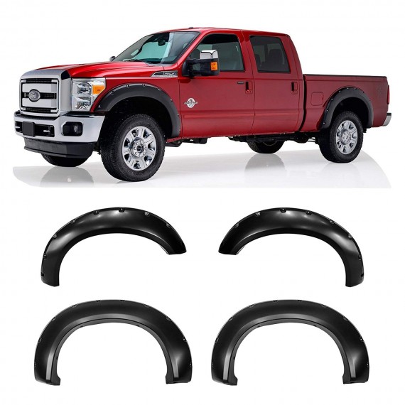 Fender Flares for 2011-16 Ford F250/F350 (Single Rear Wheel Only) - Pocket Riveted Style in Paintable Smooth Matte Black