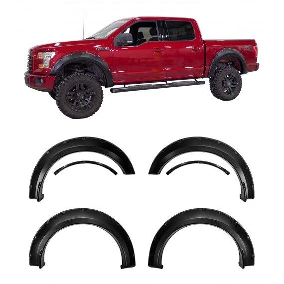 Fender Flares for 2015-17 Ford F150 - Pocket Riveted Style in Paintable Smooth Matte Black - Incompatible with Technology Package 68T w/Lane Keeping Sensors