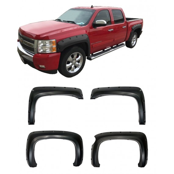 Fender Flares for 2007-13 Chevy Silverado 1500 (69.3" Short Bed Only) - Pocket Riveted Style in Paintable Smooth Matte Black