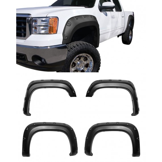 Fender Flares for 2007-13 GMC Sierra 1500 (Regular & Long Bed Only) - Pocket Riveted Style in Paintable Smooth Matte Black