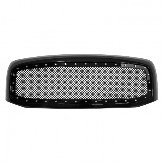 Front Grille for 2006-08 Dodge Ram 1500/2500/3500 - Gloss Black with Mesh and Rivets