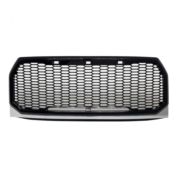 Front Grille for 2015-17 Ford F150 - Gloss Black with Chrome Trim Raptor Style with Mesh