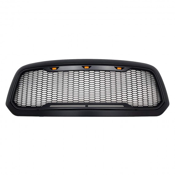 Front Grille for 2013-18 Dodge Ram 1500 (Incl. 2019 Classic Models) - Matte Black Honeycomb Mesh Style with Three LED Lights Front Grille for 2013-18 Dodge Ram 1500 (Incl. 2019 Classic Models) - Matte Black Honeycomb Mesh Style with Three LED Lights