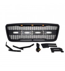 Front Grille for 2004-08 Ford F150 - Matte Black Raptor Mesh Style with Three LED Lights