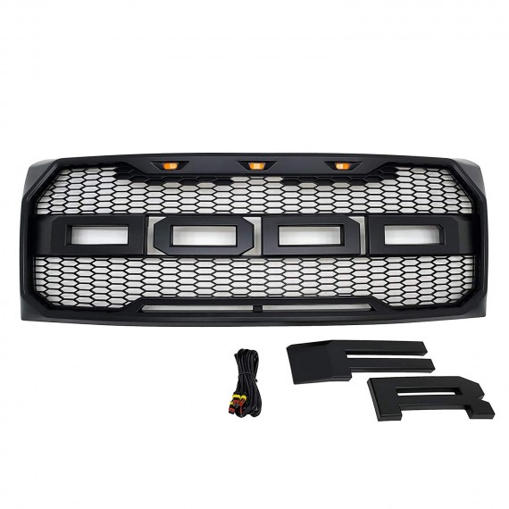 Front Grille for 2009-14 Ford F150 - Matte Black Raptor Mesh Style with Three LED Lights Front Grille for 2009-14 Ford F150 - Matte Black Raptor Mesh Style with Three LED Lights