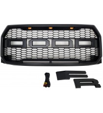 Front Grille for 2015-17 Ford F150 - Matte Black Raptor Mesh Style with Three LED Lights