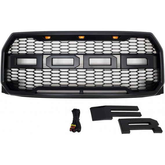 Front Grille for 2015-17 Ford F150 - Matte Black Raptor Mesh Style with Three LED Lights Front Grille for 2015-17 Ford F150 - Matte Black Raptor Mesh Style with Three LED Lights