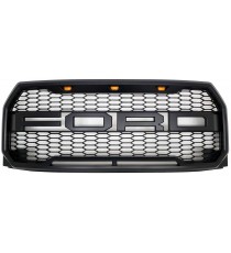 Front Grille for 2015-17 Ford F150 - Matte Black Raptor Mesh Style with Three LED Lights