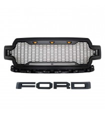 Front Grille for 2018-20 Ford F150 - Matte Black Raptor Mesh Style with Three LED Lights