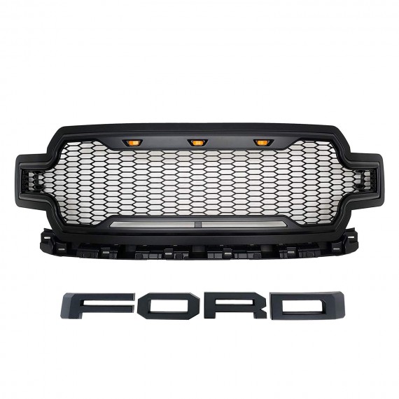 Front Grille for 2018-20 Ford F150 - Matte Black Raptor Mesh Style with Three LED Lights Front Grille for 2018-20 Ford F150 - Matte Black Raptor Mesh Style with Three LED Lights
