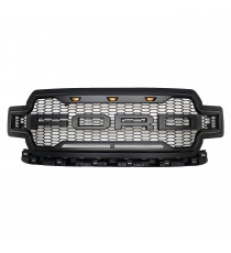 Front Grille for 2018-20 Ford F150 - Matte Black Raptor Mesh Style with Three LED Lights