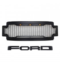Front Grille for 2017-19 Ford F250/F350 - Matte Black Raptor Mesh Style with Three LED Lights