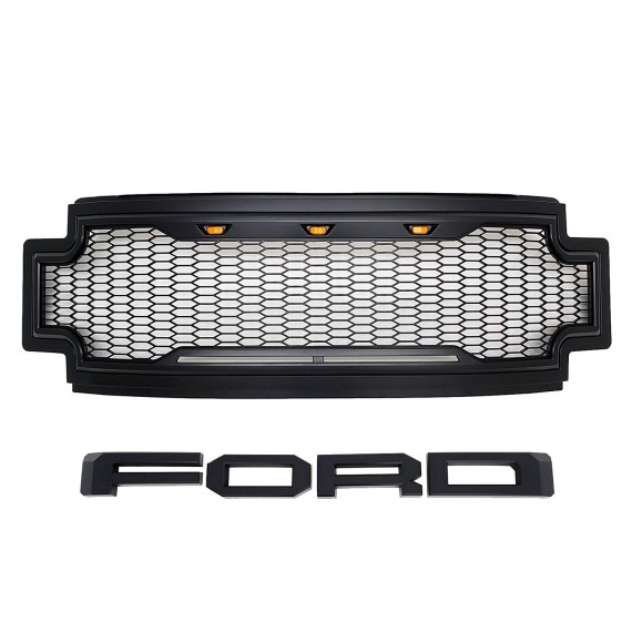 Front Grille for 2017-19 Ford F250/F350 - Matte Black Raptor Mesh Style with Three LED Lights Front Grille for 2017-19 Ford F250/F350 - Matte Black Raptor Mesh Style with Three LED Lights