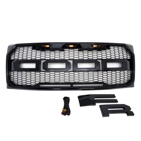 Front Grille for 2009-14 Ford F150 - Gloss Black Raptor Mesh Style with Three LED Lights Front Grille for 2009-14 Ford F150 - Gloss Black Raptor Mesh Style with Three LED Lights