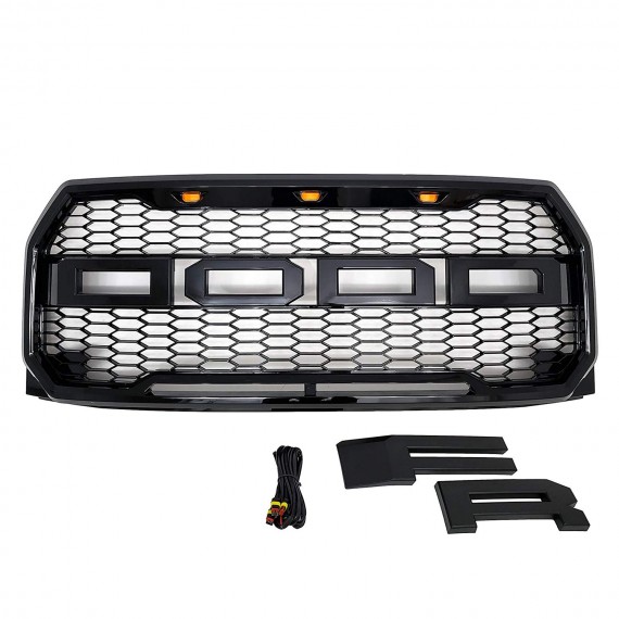 Front Grille for 2015-17 Ford F150 - Gloss Black Raptor Mesh Style with Three LED Lights Front Grille for 2015-17 Ford F150 - Gloss Black Raptor Mesh Style with Three LED Lights