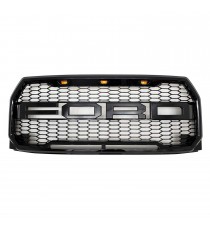 Front Grille for 2015-17 Ford F150 - Gloss Black Raptor Mesh Style with Three LED Lights