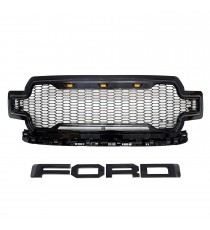 Front Grille for 2018-19 Ford F150 - Gloss Black Raptor Mesh Style with Three LED Lights
