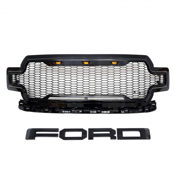 Front Grille for 2018-19 Ford F150 - Gloss Black Raptor Mesh Style with Three LED Lights Front Grille for 2018-19 Ford F150 - Gloss Black Raptor Mesh Style with Three LED Lights