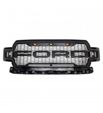 Front Grille for 2018-19 Ford F150 - Gloss Black Raptor Mesh Style with Three LED Lights