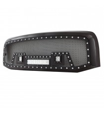 Front Grille for 2006-08 Dodge Ram 1500/2500/3500 - Black Stainless Steel Wire Mesh with Rivets and LED Lights