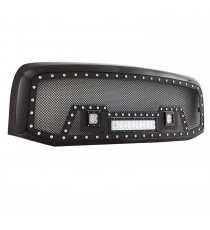 Front Grille for 2006-08 Dodge Ram 1500/2500/3500 - Black Stainless Steel Wire Mesh with Rivets and LED Lights