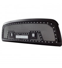 Front Grille for 2009-12 Dodge Ram 1500 - Black Stainless Steel Wire Mesh with Rivets and LED Lights