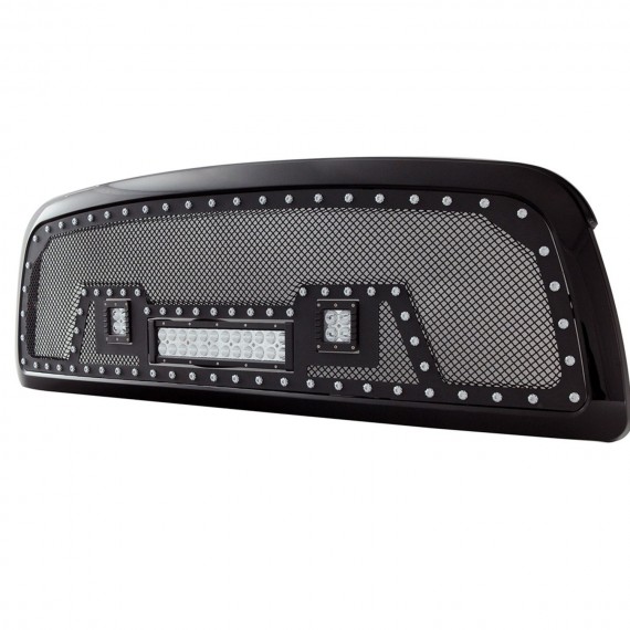 Front Grille for 2009-12 Dodge Ram 1500 - Black Stainless Steel Wire Mesh with Rivets and LED Lights