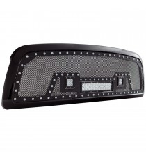 Front Grille for 2009-12 Dodge Ram 1500 - Black Stainless Steel Wire Mesh with Rivets and LED Lights