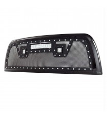 Front Grille for 2010-12 Dodge Ram 2500/3500 - Black Stainless Steel Wire Mesh with Rivets and LED Lights