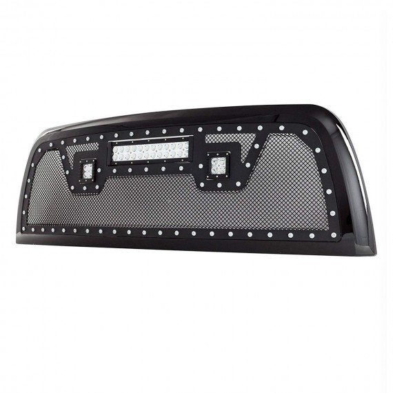 Front Grille for 2010-12 Dodge Ram 2500/3500 - Black Stainless Steel Wire Mesh with Rivets and LED Lights
