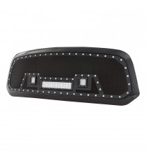 Front Grille for 2013-18 Dodge Ram 1500 - Black Stainless Steel Wire Mesh with Rivets and LED Lights