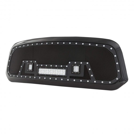 Front Grille for 2013-18 Dodge Ram 1500 - Black Stainless Steel Wire Mesh with Rivets and LED Lights Front Grille for 2013-18 Dodge Ram 1500 - Black Stainless Steel Wire Mesh with Rivets and LED Lights