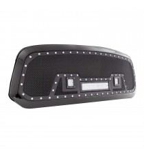 Front Grille for 2013-18 Dodge Ram 1500 - Black Stainless Steel Wire Mesh with Rivets and LED Lights