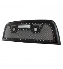 Front Grille for 2013-18 Dodge Ram 2500/3500 - Black Stainless Steel Wire Mesh with Rivets and LED Lights