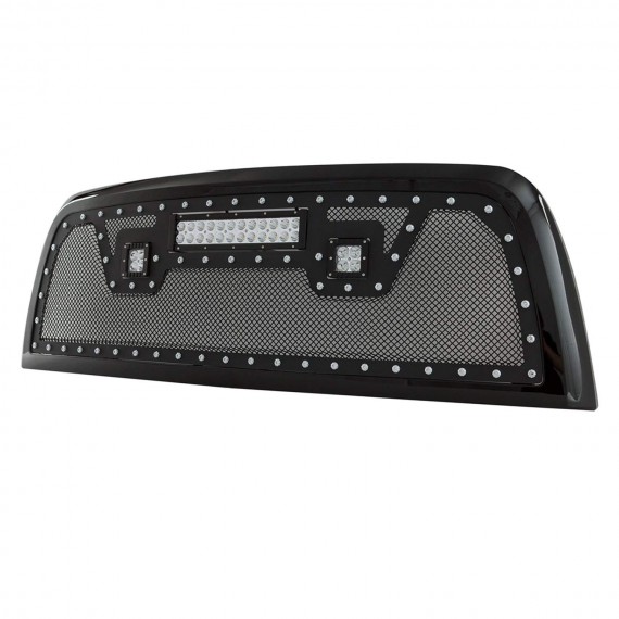 Front Grille for 2013-18 Dodge Ram 2500/3500 - Black Stainless Steel Wire Mesh with Rivets and LED Lights