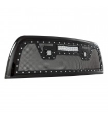Front Grille for 2013-18 Dodge Ram 2500/3500 - Black Stainless Steel Wire Mesh with Rivets and LED Lights