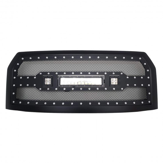 Front Grille for 2015-17 Ford F150 - Black Stainless Steel Wire Mesh with Rivets and LED Lights