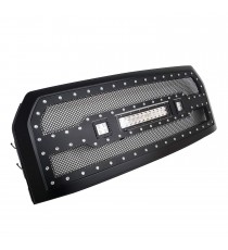 Front Grille for 2015-17 Ford F150 - Black Stainless Steel Wire Mesh with Rivets and LED Lights