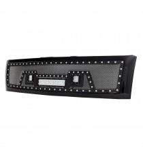 Front Grille for 2007-13 Chevy Silverado 1500 (Excl. 2007 Classic Models) - Black Stainless Steel Wire Mesh with Rivets and LED Lights