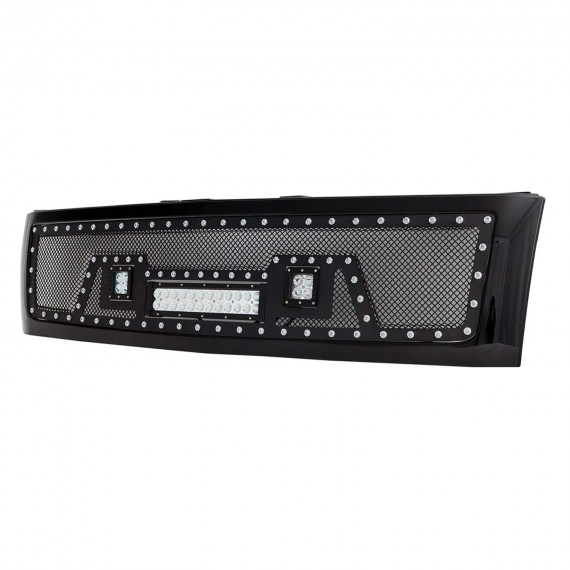 Front Grille for 2007-13 Chevy Silverado 1500 (Excl. 2007 Classic Models) - Black Stainless Steel Wire Mesh with Rivets and LED Lights