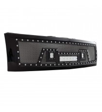 Front Grille for 2007-13 Chevy Silverado 1500 (Excl. 2007 Classic Models) - Black Stainless Steel Wire Mesh with Rivets and LED Lights