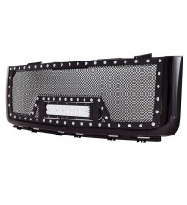 Front Grille for 2007-13 GMC Sierra 1500 (Excl. 2007 Classic Models) - Black Stainless Steel Wire Mesh with Rivets and LED Light