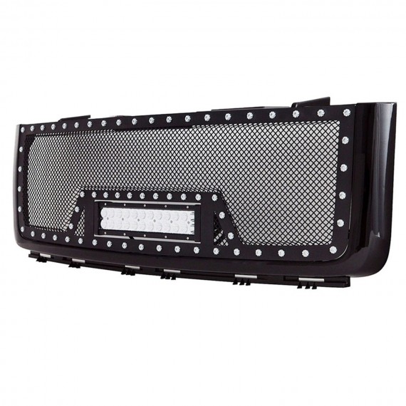 Front Grille for 2007-13 GMC Sierra 1500 (Excl. 2007 Classic Models) - Black Stainless Steel Wire Mesh with Rivets and LED Light Front Grille for 2007-13 GMC Sierra 1500 (Excl. 2007 Classic Models) - Black Stainless Steel Wire Mesh with Rivets and LED Light