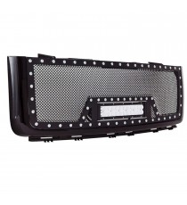 Front Grille for 2007-13 GMC Sierra 1500 (Excl. 2007 Classic Models) - Black Stainless Steel Wire Mesh with Rivets and LED Light